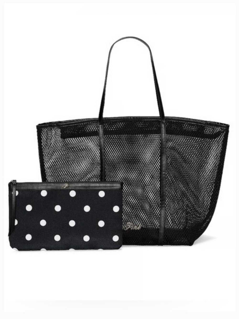 PINK Victoria's Secret Black Mesh Tote Bag With Polka Dot Pouch Set- NWT
